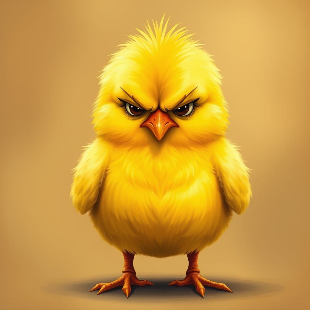 Grumpy Chick with Fluffy Feathers in Whimsical Style