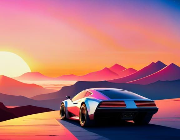Retro-Futuristic Car on Mountain Top at Golden Hour