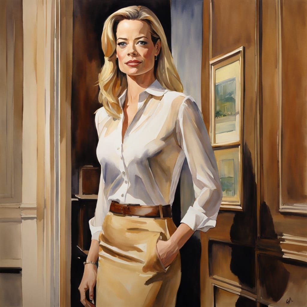 Impressionistic Watercolor of Woman in Modern Office