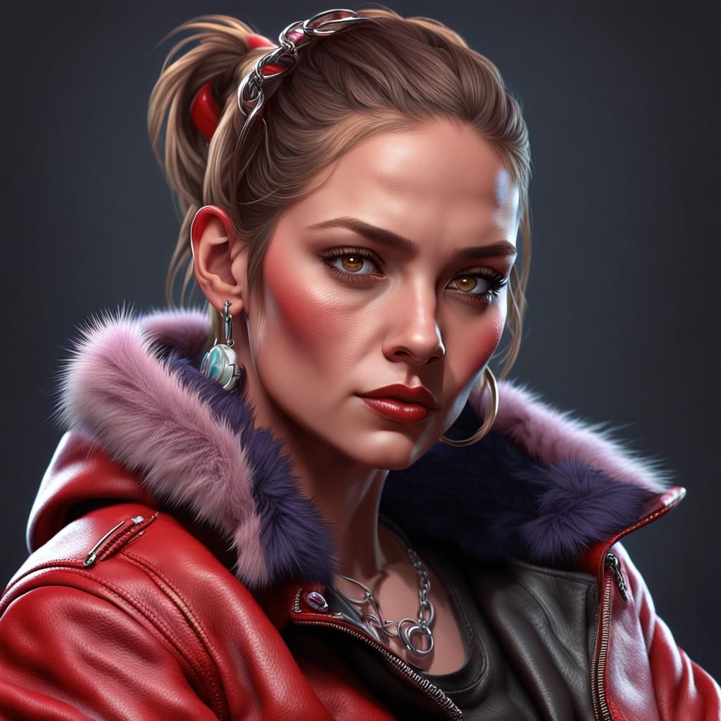 Woman in Red Leather Jacket: Hyperrealistic Portrait