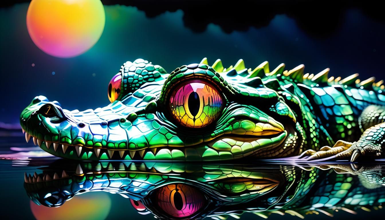 Iridescent Crocodile Floating on Mirrored Lake