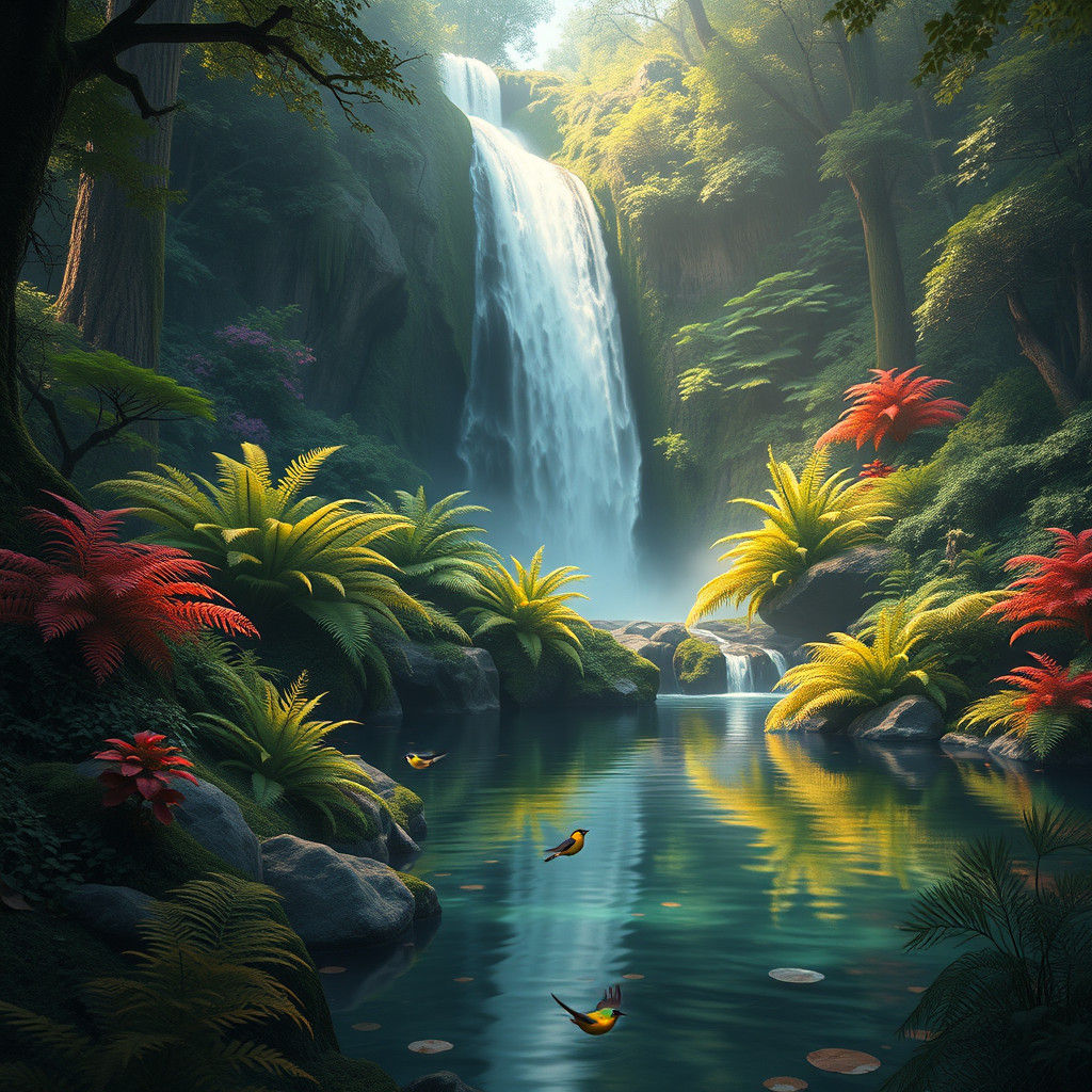 Enchanted Waterfall Scene in Atmospheric Painting Style