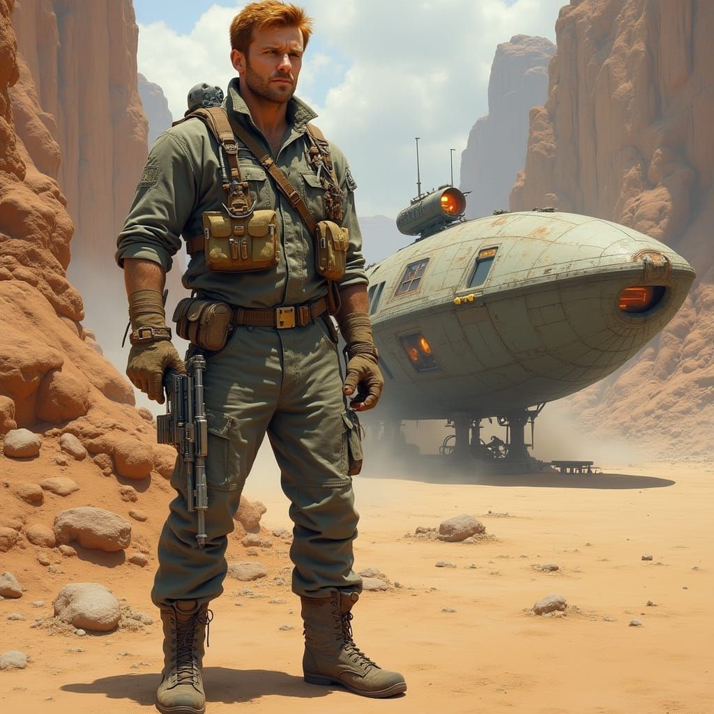 Rugged Space Smuggler Stands Near Damaged Freight Ship in Ba...