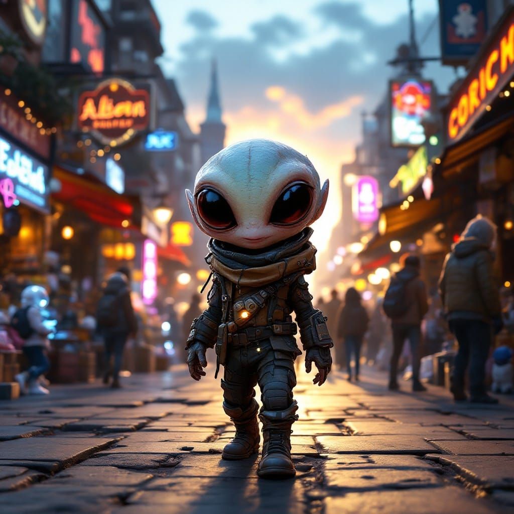 Chibi Rogue Alien in Vibrant Galactic Bazaar
