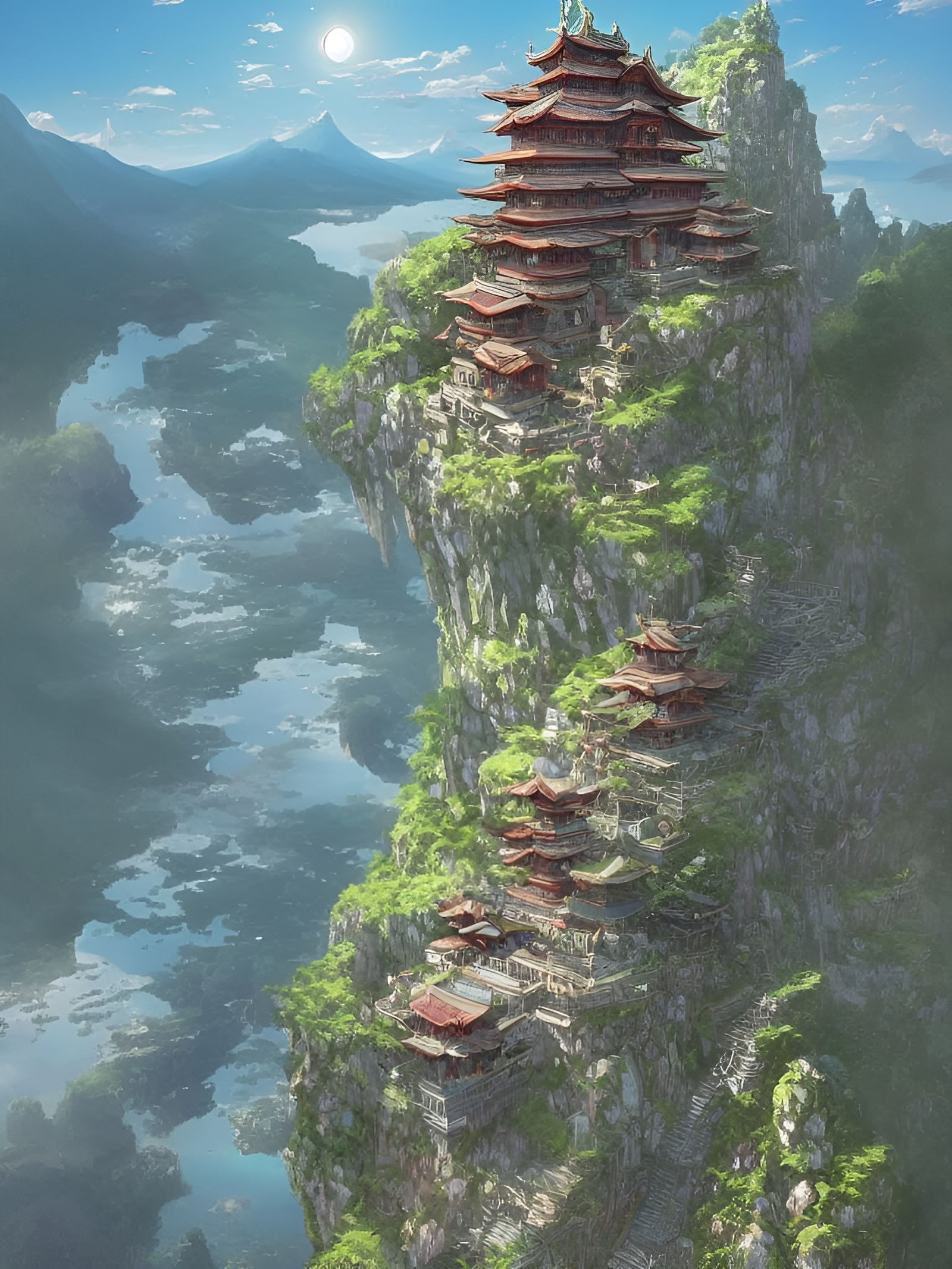 Mountain Temple Digital Illustration in Bird's-Eye View