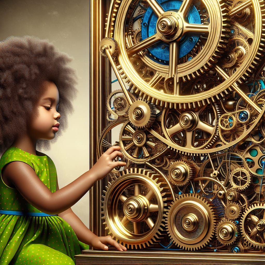 Girl Interacts with Intricate Gold Machine