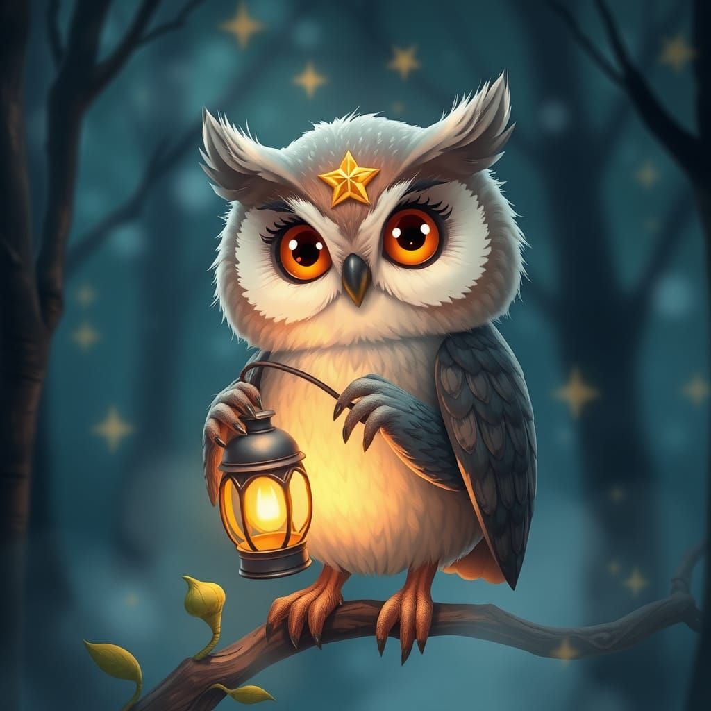 whimsical realistic very adorable and cute starry happy owlet holding a lantern, in the style of apofiss, anatomically c...