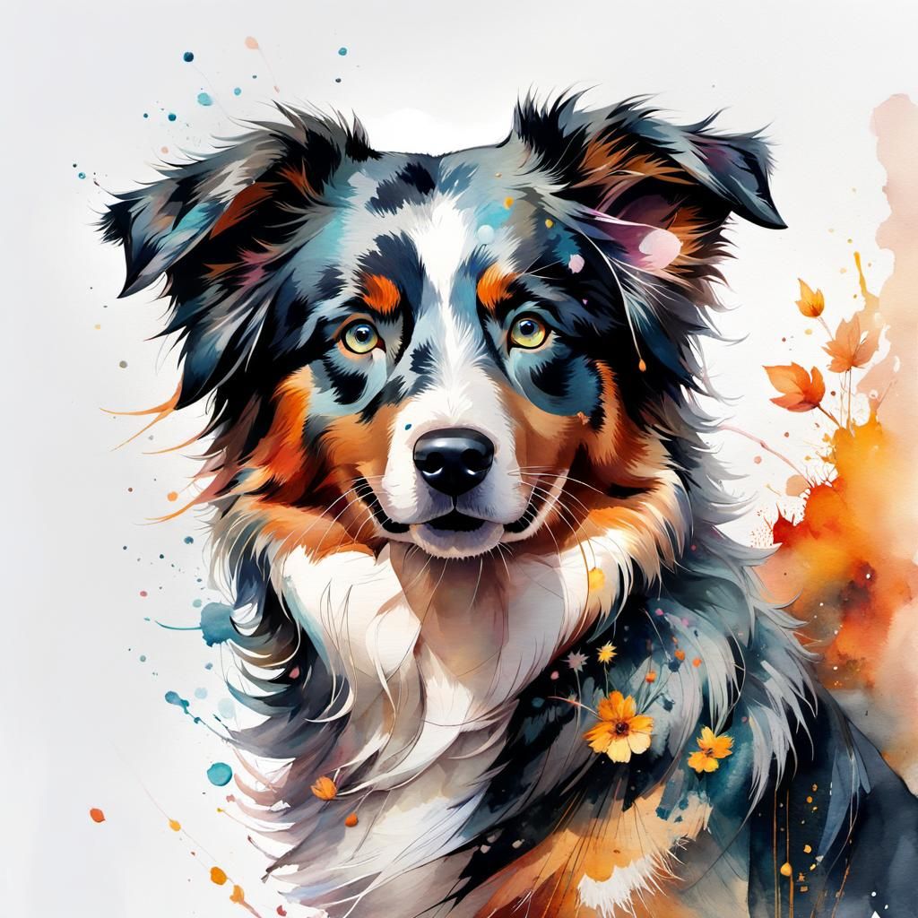 Watercolor Australian Shepherd Manga Art