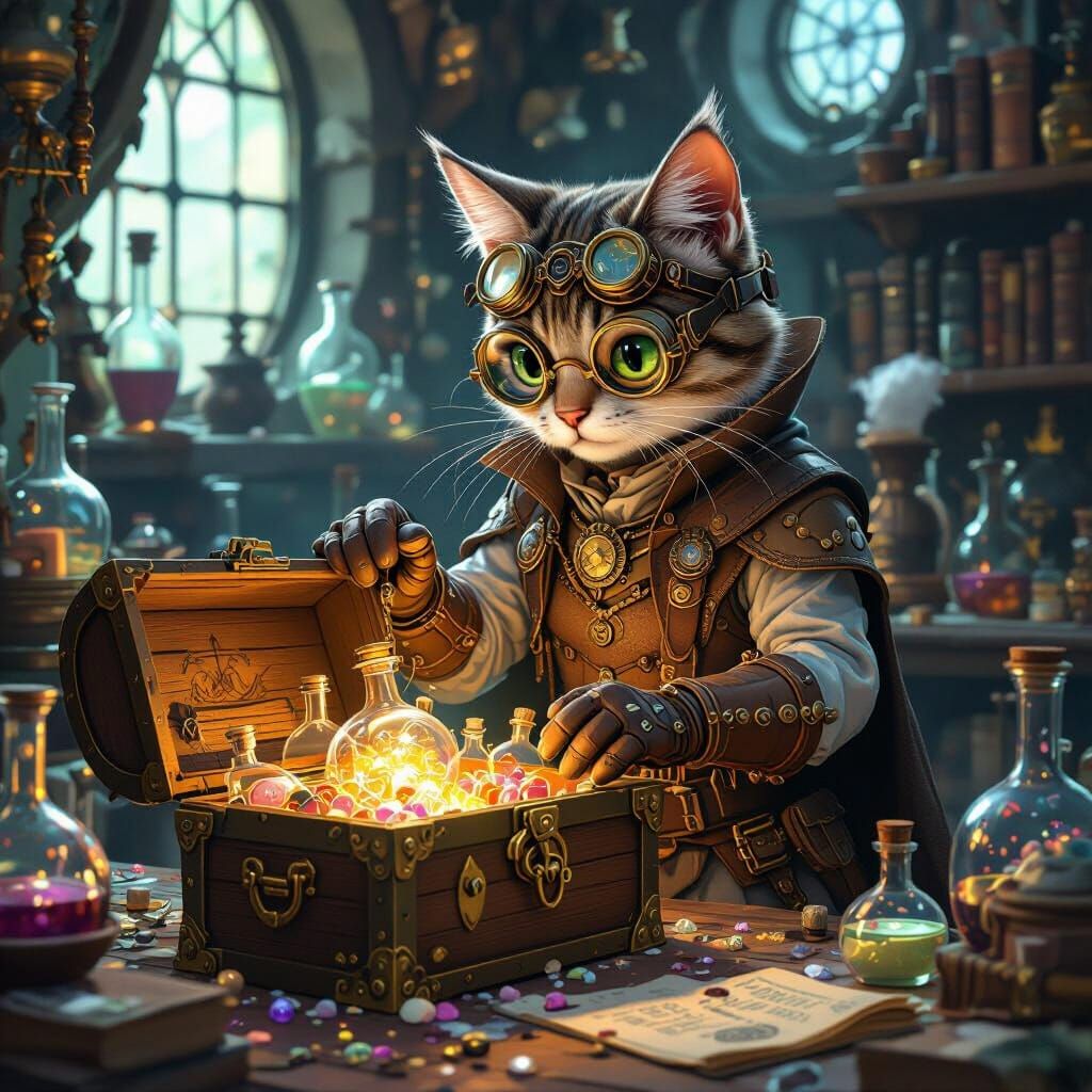 Steampunk Cat Alchemist and Treasure Chest
