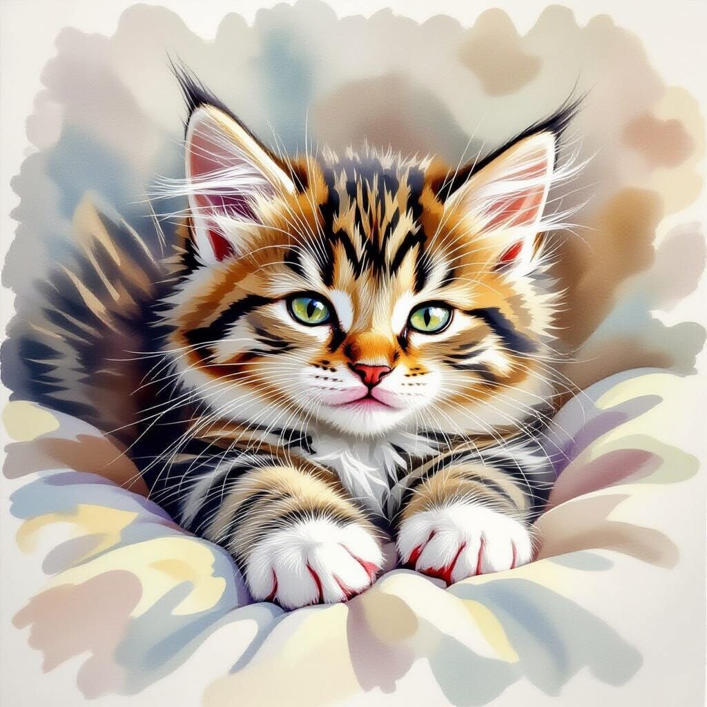 Kitten Lounging, Watercolor Painting Style
