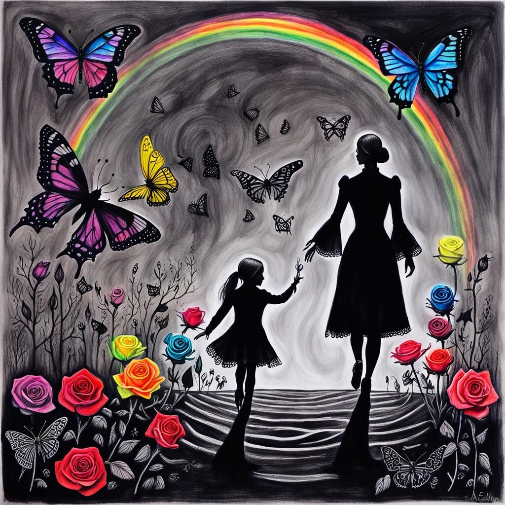 Surreal Gothic Mother and Child Crayon Drawing