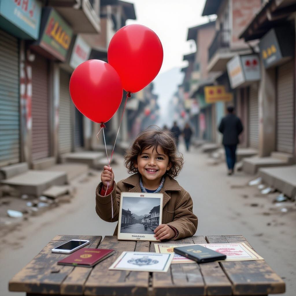 Child in War Zone with Red Balloon
