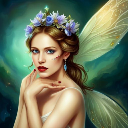 Realistic Beautiful Fairy with Blue Eyes and Gold Wings