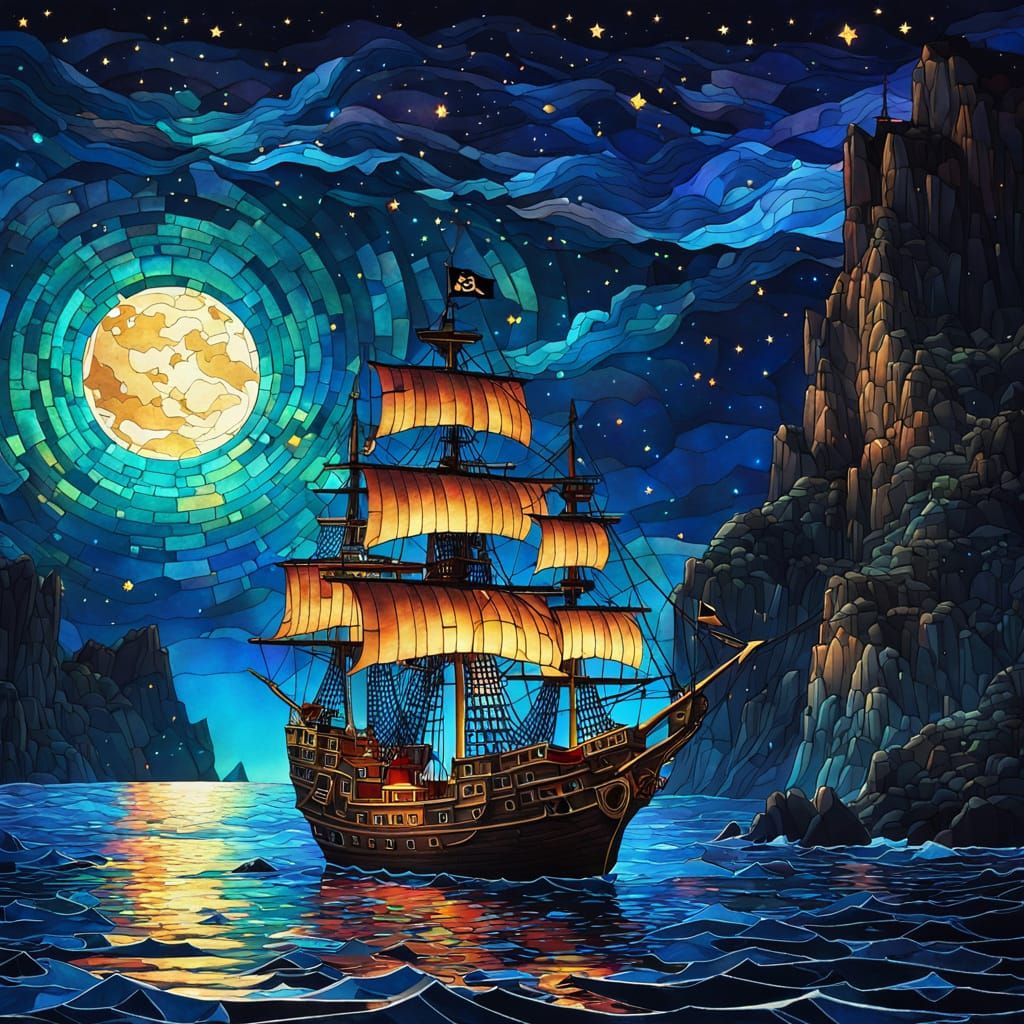 Pirate Ship Under Mosaic Starry Sky