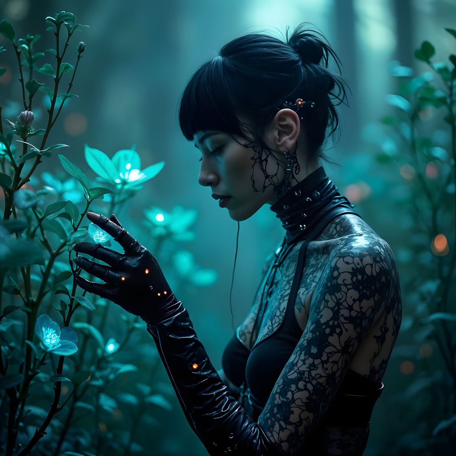Bioluminescent Biomechanical Garden with Cybernetic Woman