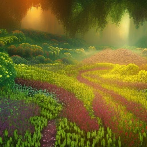 Elven Flower Forest in Golden Sunlight: High Fantasy