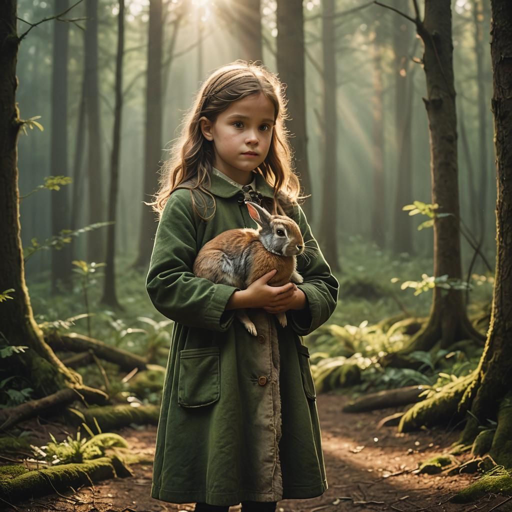Girl with Rabbit in Misty Forest