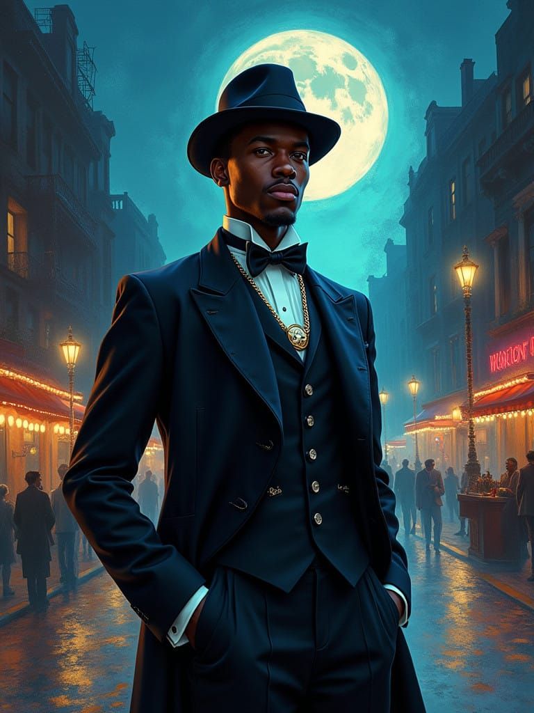 Elegant Gentleman in Moonlit Cityscape, in Impressionist Sty...