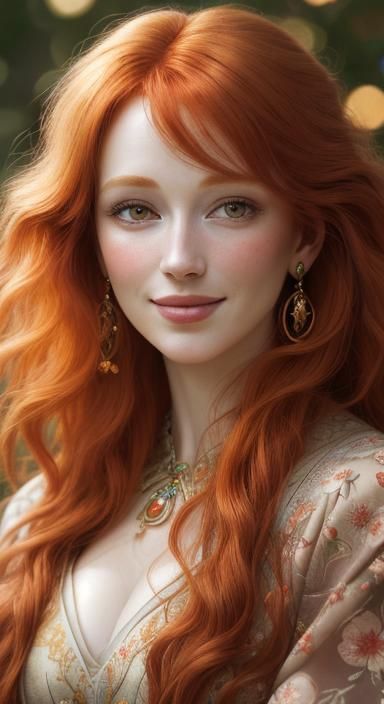 Redhead Woman Portrait with Floral Patterns, Macro Photograp...