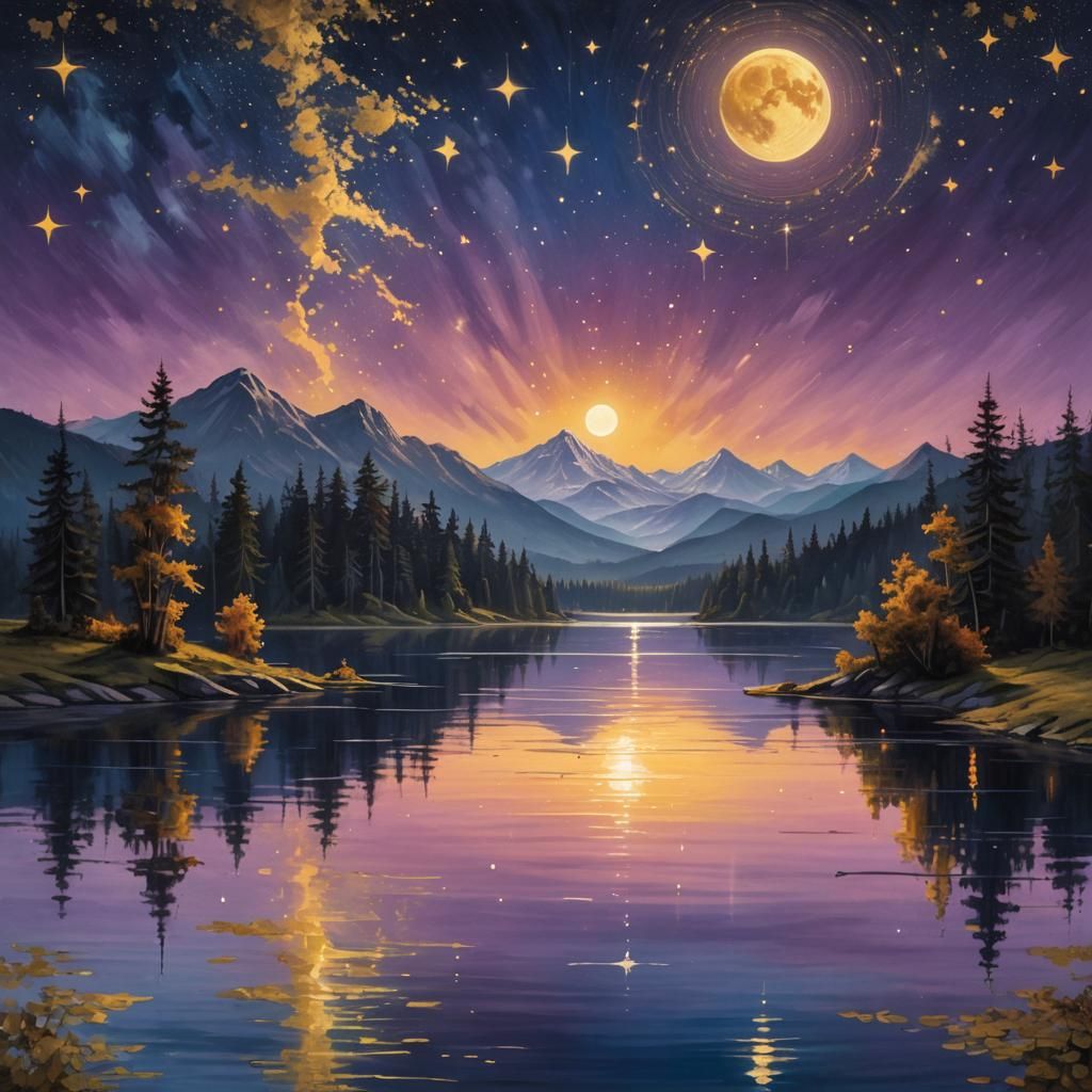 Golden Moonlit Lake in Oil Painting Style