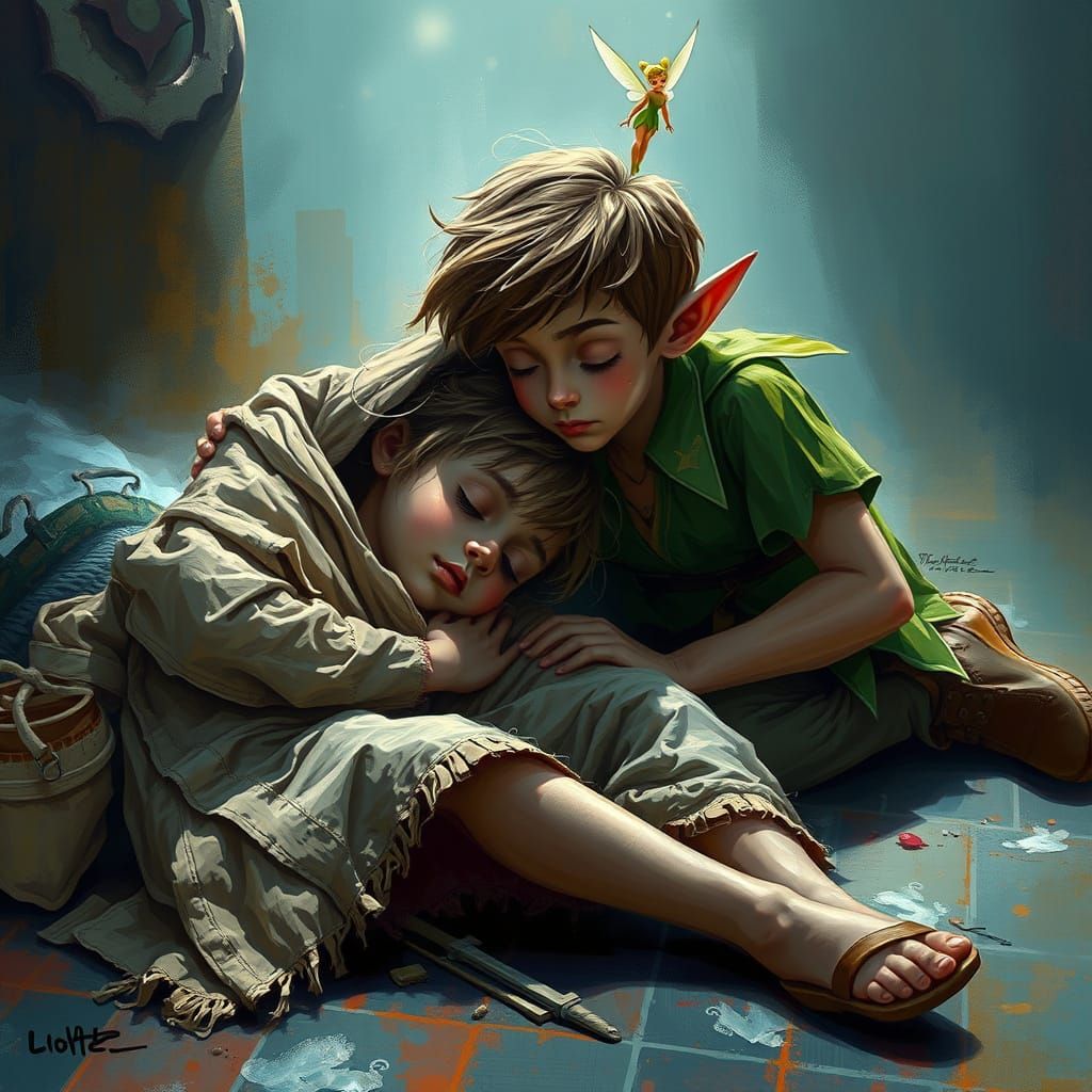Peter Pan Visits Homeless Girl: Hyperrealistic Dreamscape