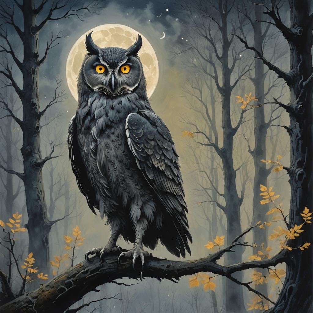 Owlman in Misty Forest Gouache Painting