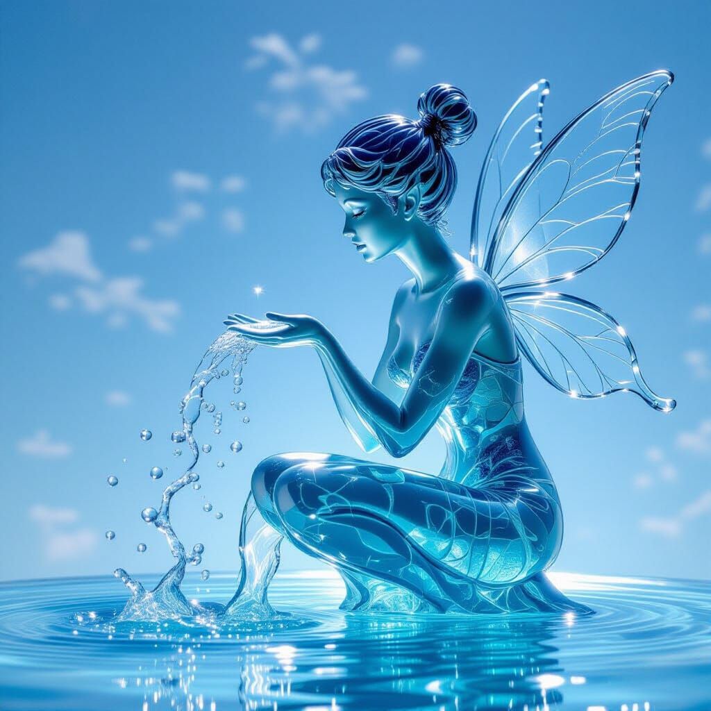 Ethereal Glass Fairy Sculpture by a Water Fountain
