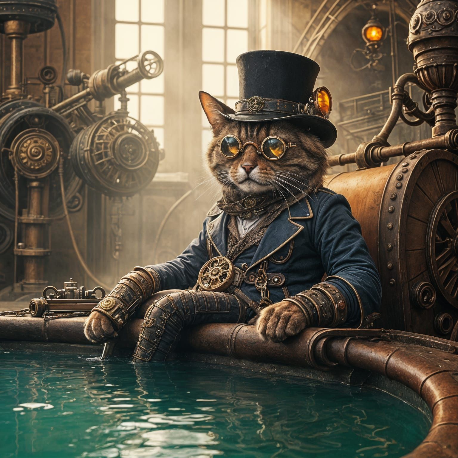 A Retro-Futuristic Cat Wears Goggles and Top Hat