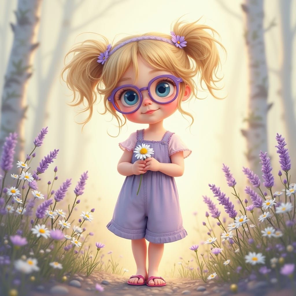 Whimsical Toddler Girl with Daisies in Pastel Garden