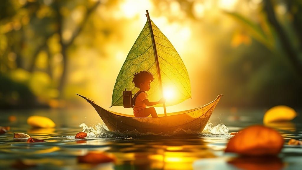 Whimsical Leaf Boat on a Shimmering Ocean