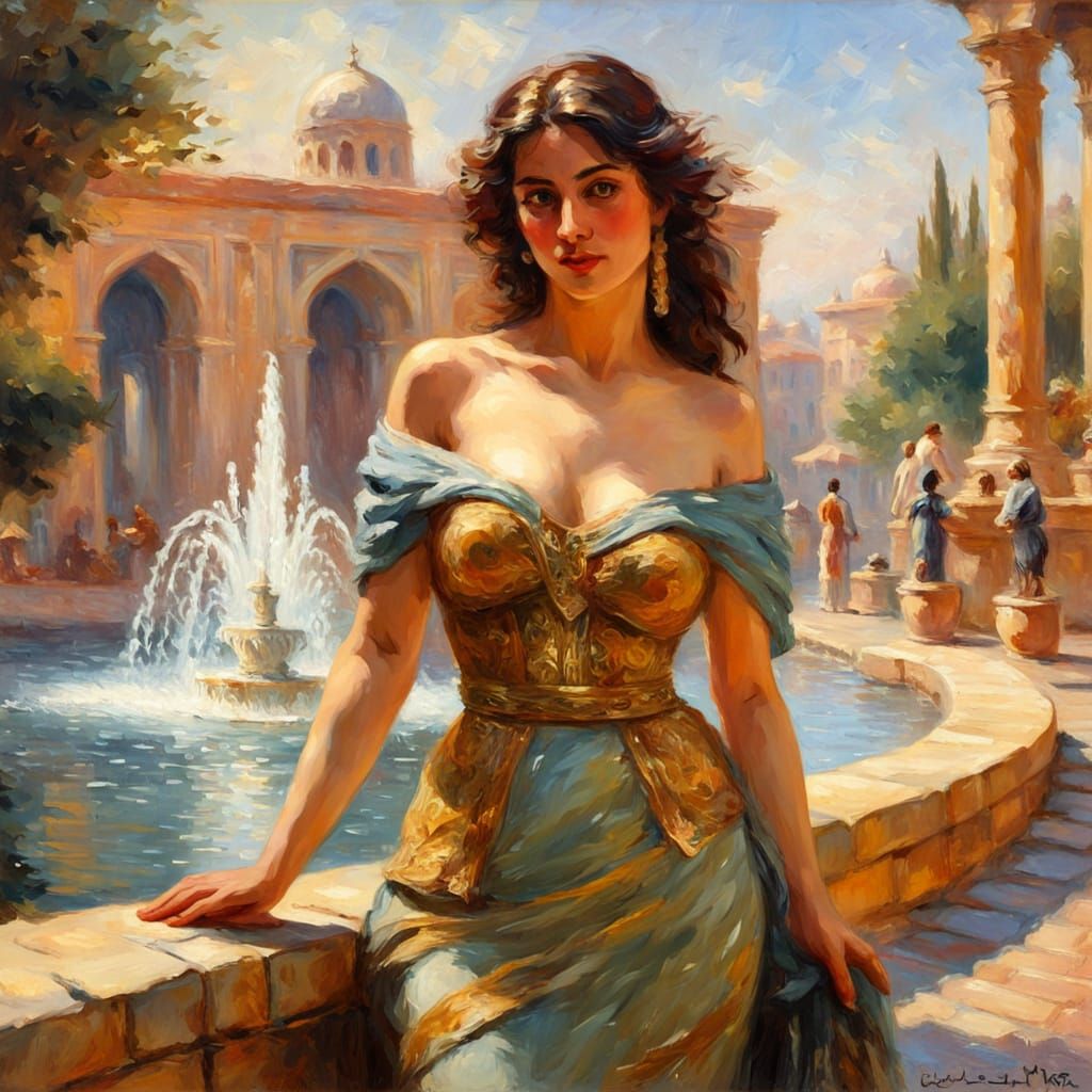 Woman by Fountain: Impressionist Oil Painting