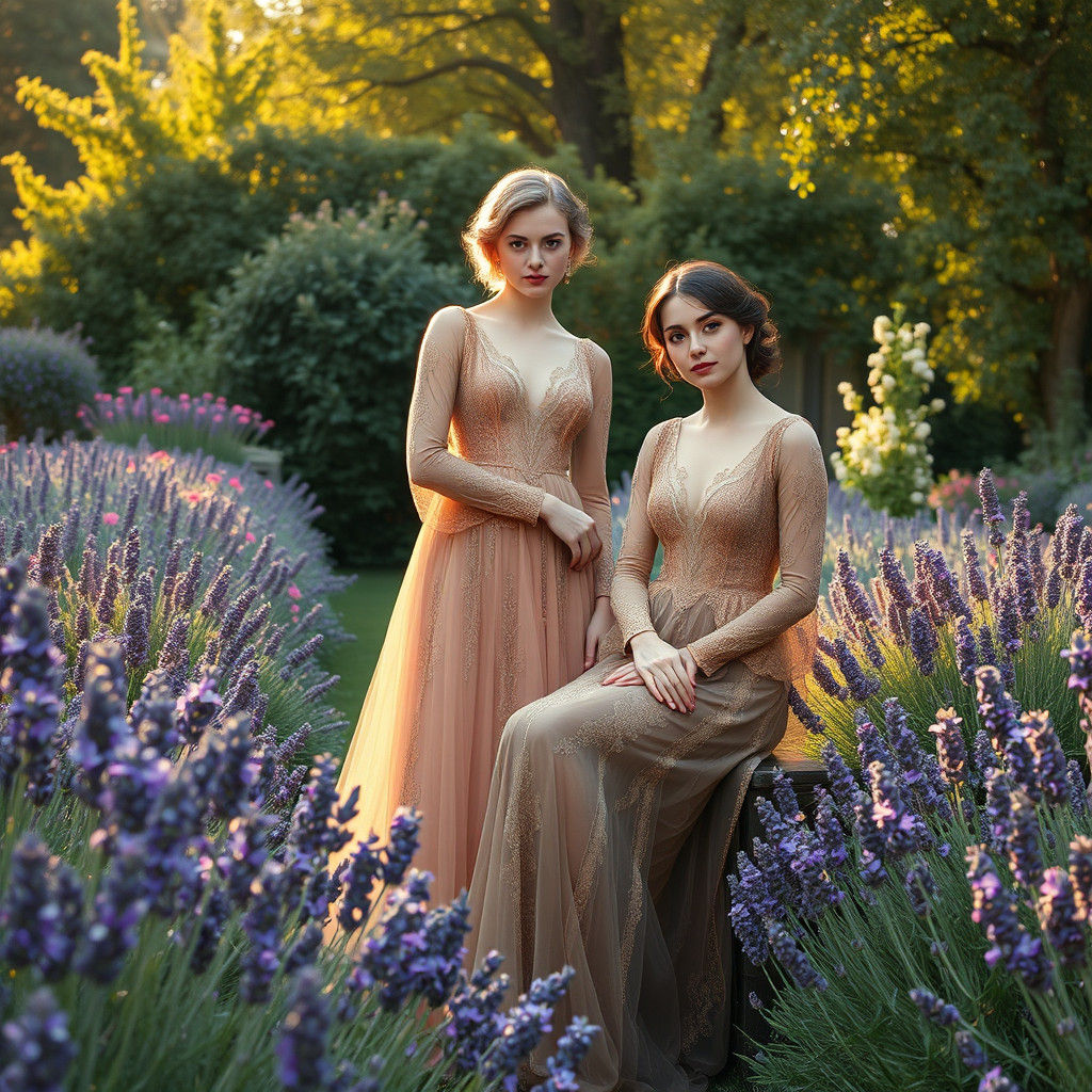 Elegant French Women in Belle Époque Gowns Pose in Lavender...
