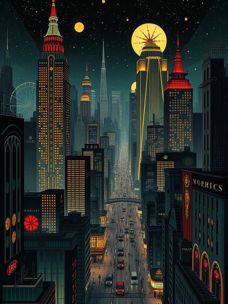 Art Nouveau Art Deco Cityscape with Dieselpunk Elements