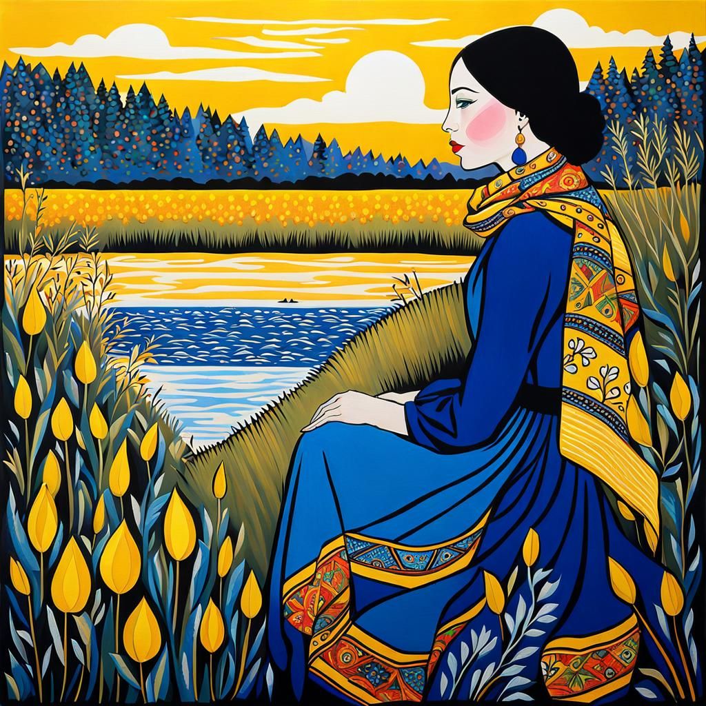 Woman by Riverbank in Naive Folk Art Style