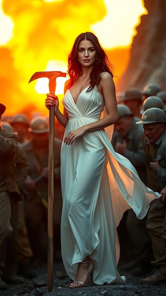 Elegant Young Woman in Flowing White Gown and High Heels