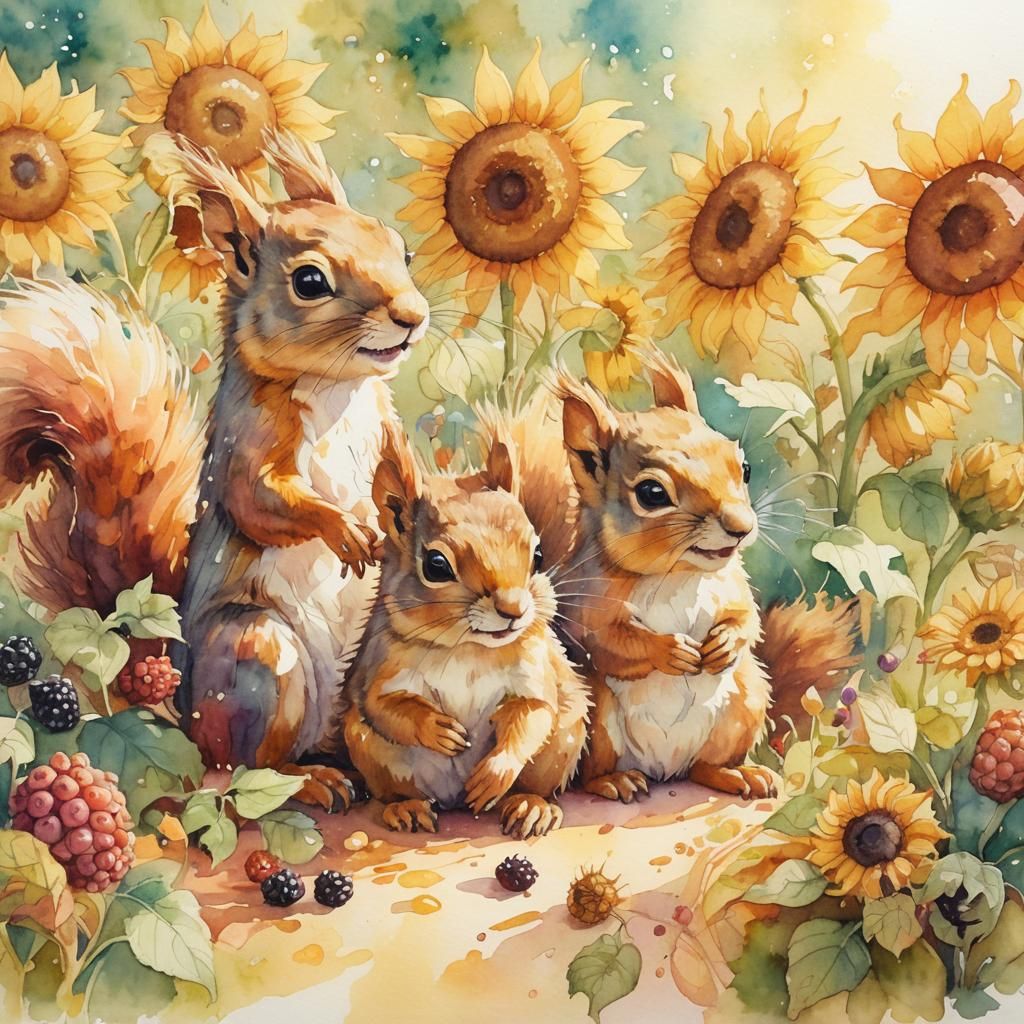 Squirrels in Candyland Garden: Whimsical Watercolor Illustra...