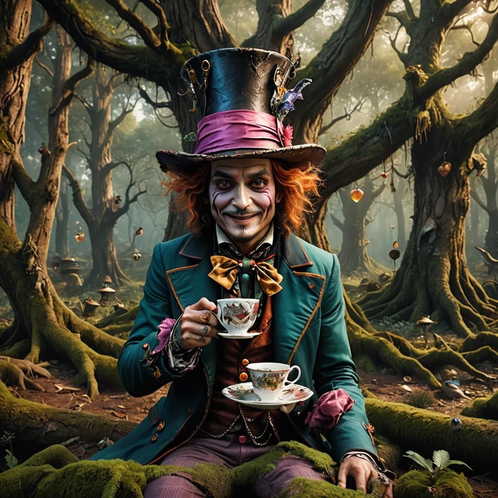 Mad Hatter with Teacup in Forest, Photorealistic Digital Art