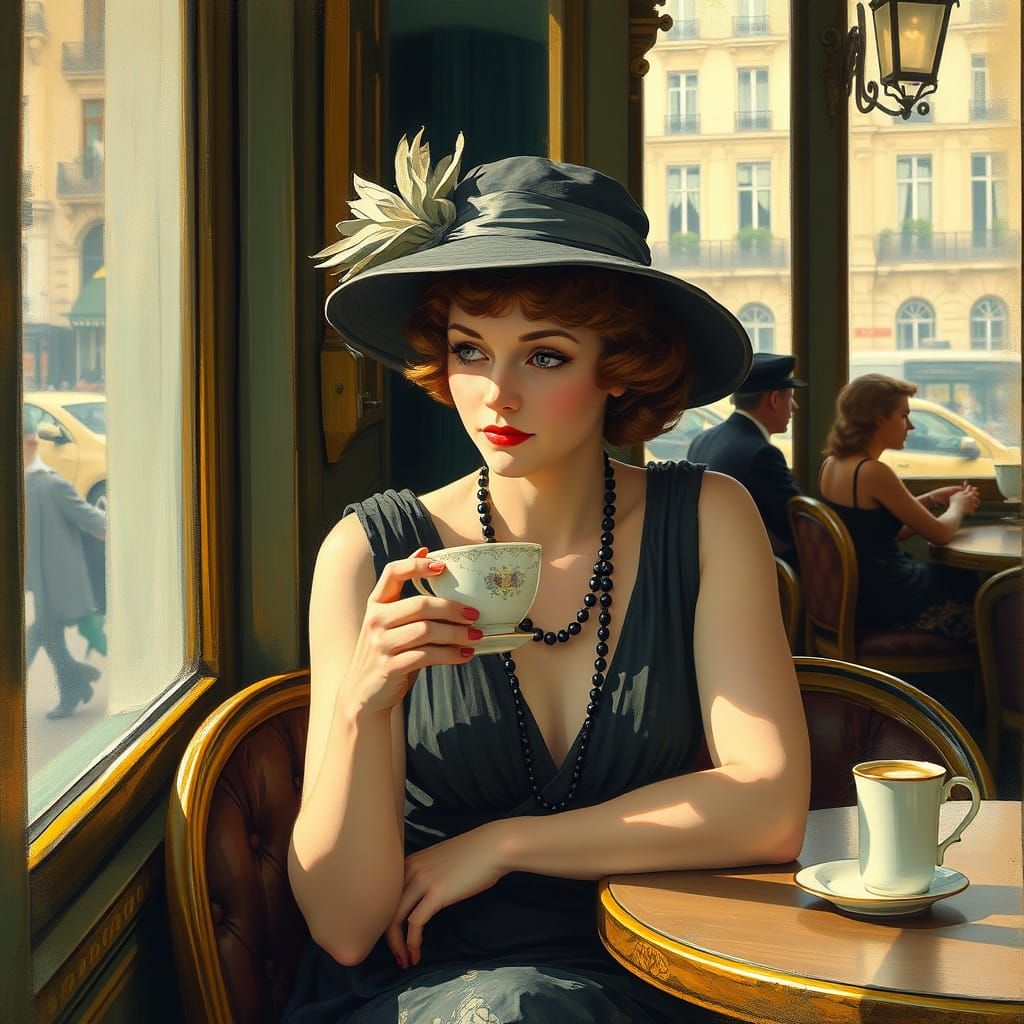French Woman Sipping Coffee in Parisian Cafe