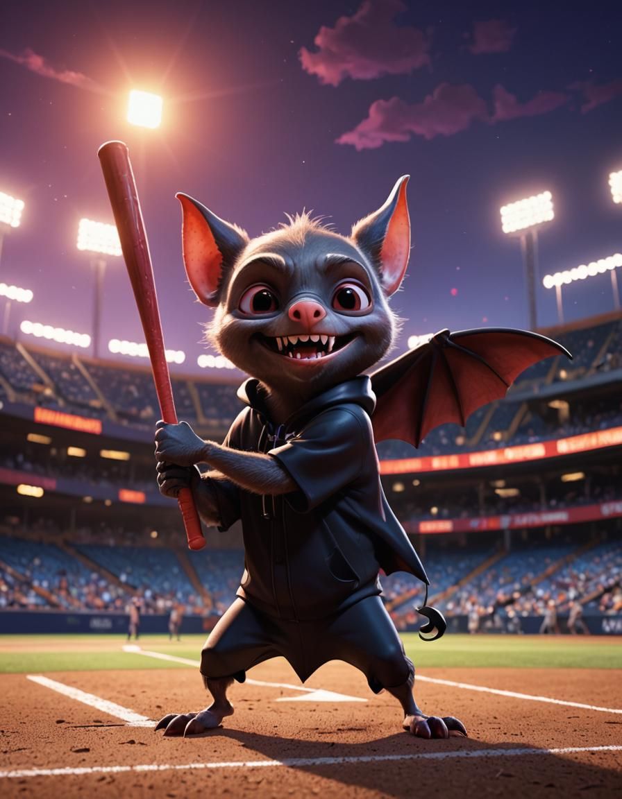 Vampire Bat Plays Baseball: Pixar-Style 3D Art