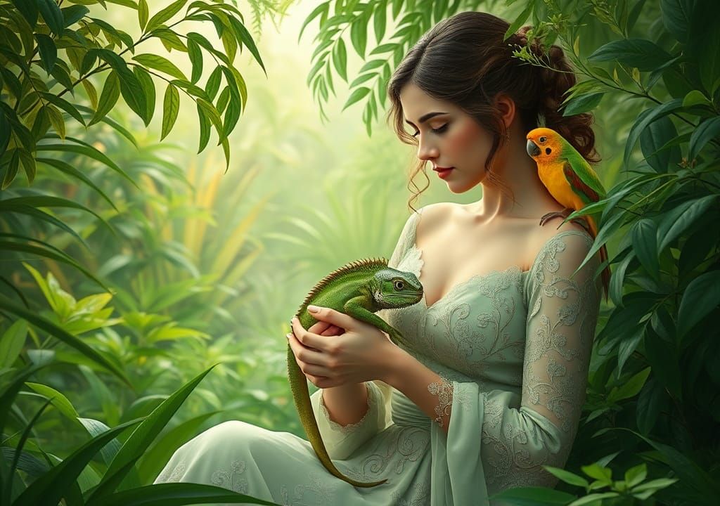 Woman in Green Paradise, Fine Art Illustration