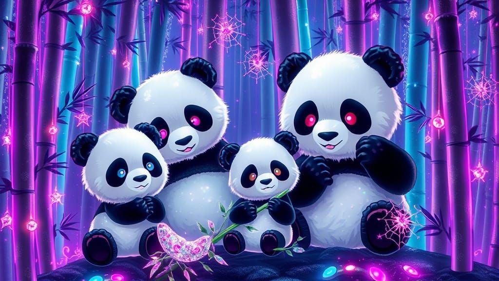 Glowing Chibi Panda Family in Fiberoptic Forest