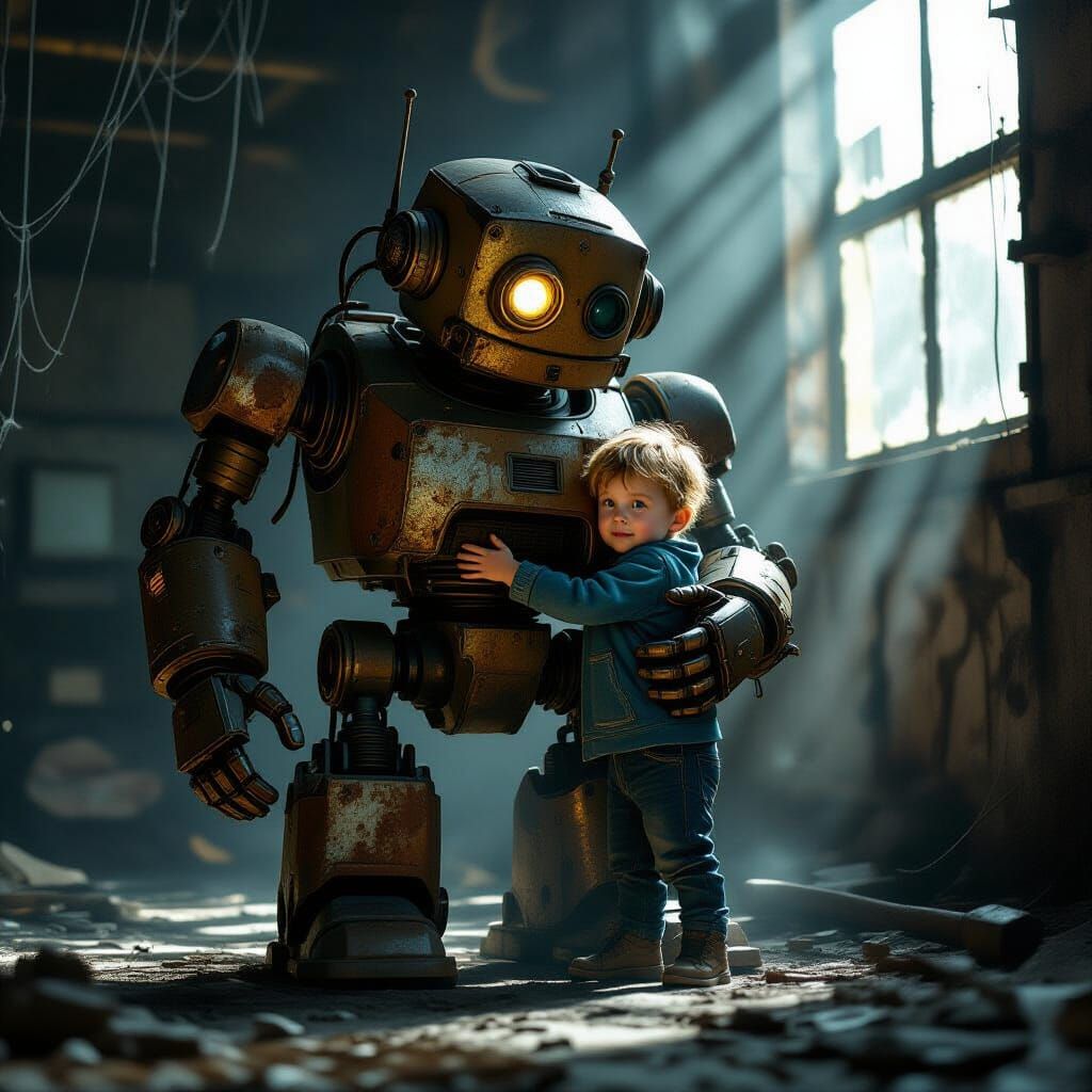 Boy Hugs Giant Rusty Robot in Dusty Room