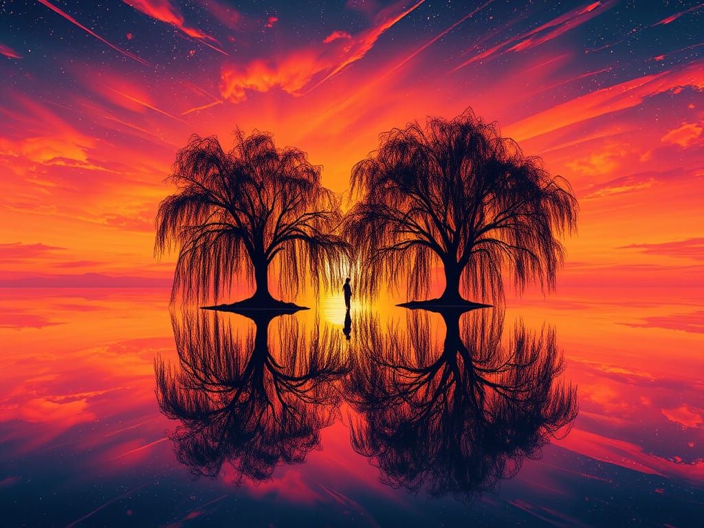 Cosmic Sunset with Exploding Reflections and Golden Hues