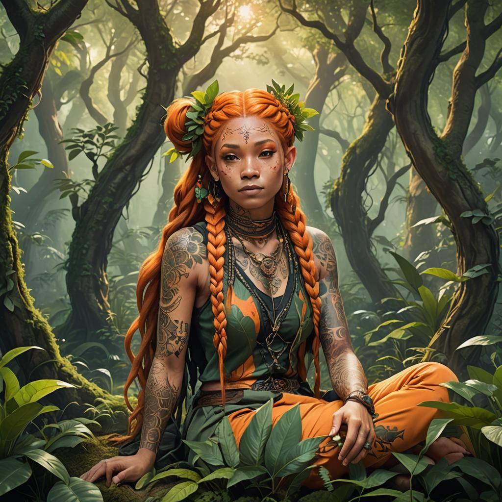 Mystical Forest Scene with Orange-Haired Wood Elf