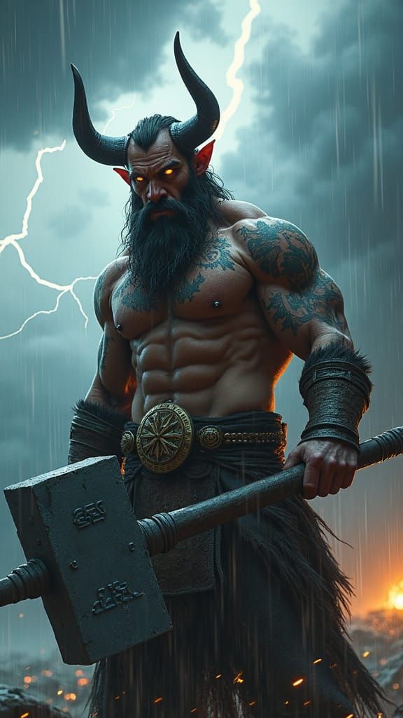 Viking Bull Warrior in Storm, Fantasy Matte Painting