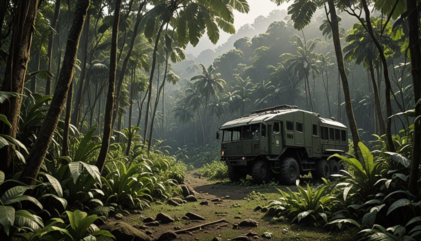 Surrealist Military Cargo Scene in the Indonesian Jungle
