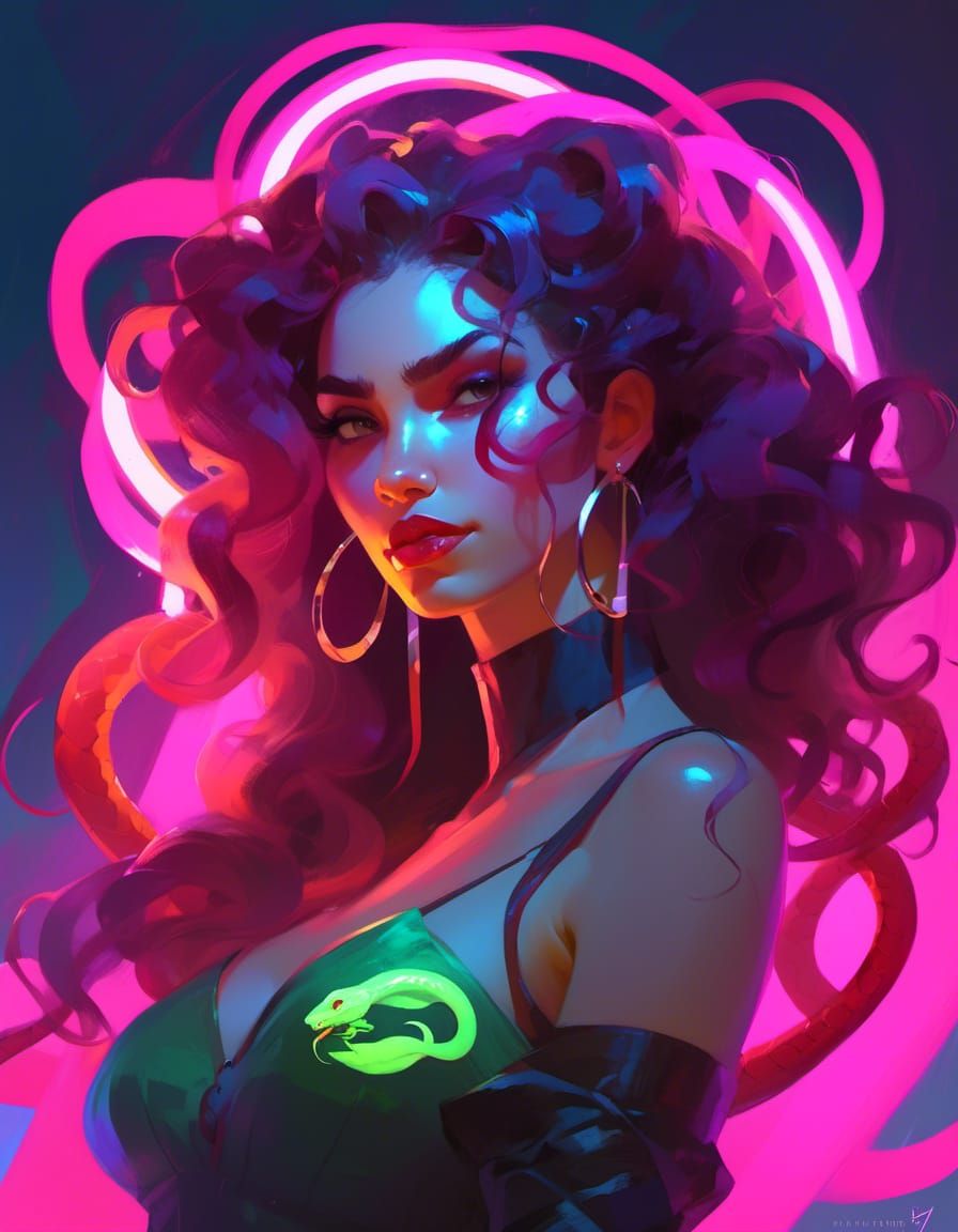 Fierce Neon Medusa Portrait in Guweiz Style