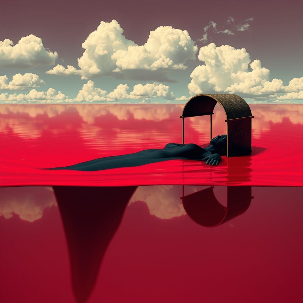 Surrealist Figure Delves into Crimson Lake in a Haunting Sce...