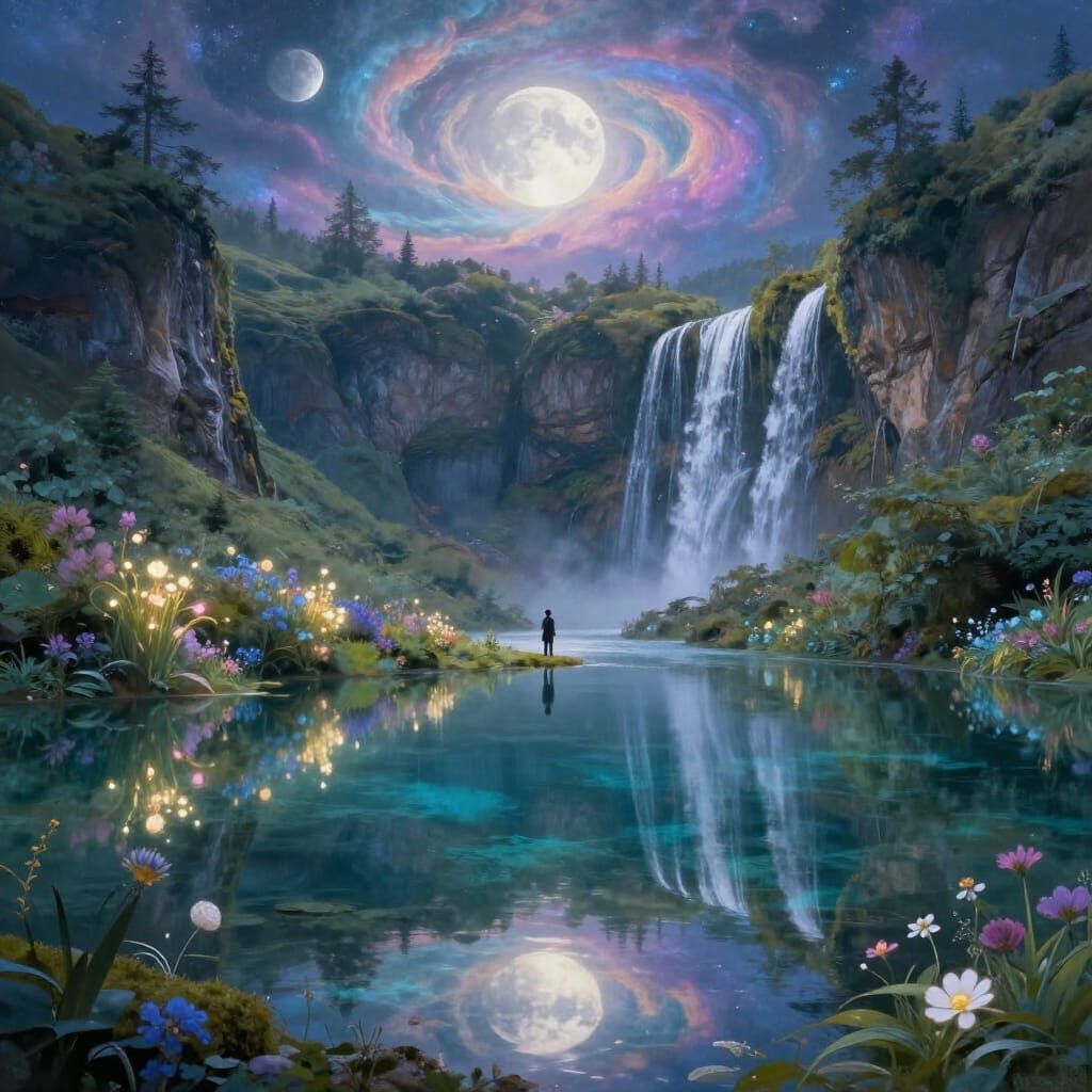 Ethereal Figure at Crystalline Lake in Glowing Valley