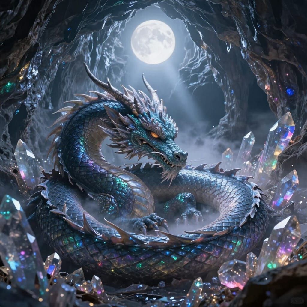 Ancient Dragon Slumbers in Crystal Cave Under Moonlight